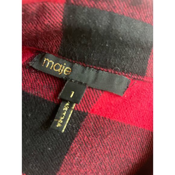 Maje Buffalo Plaid Red Black Shirt with Leather Trim Size 1/ Small - Picture 5 of 6